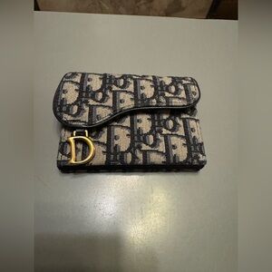 Christian Dior Paris oblique saddle zipped compact card holder navy blue wallet